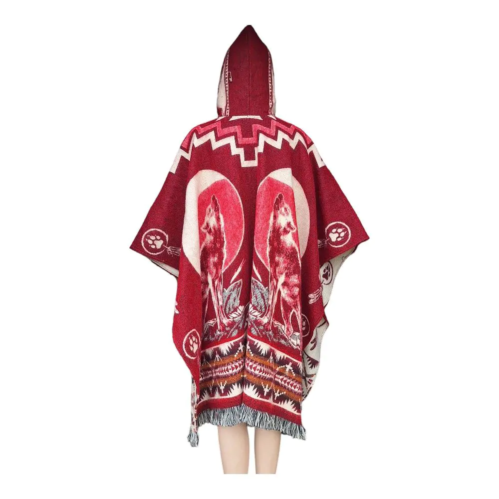 Alpaca Wool Poncho Red With Wolf Style 1