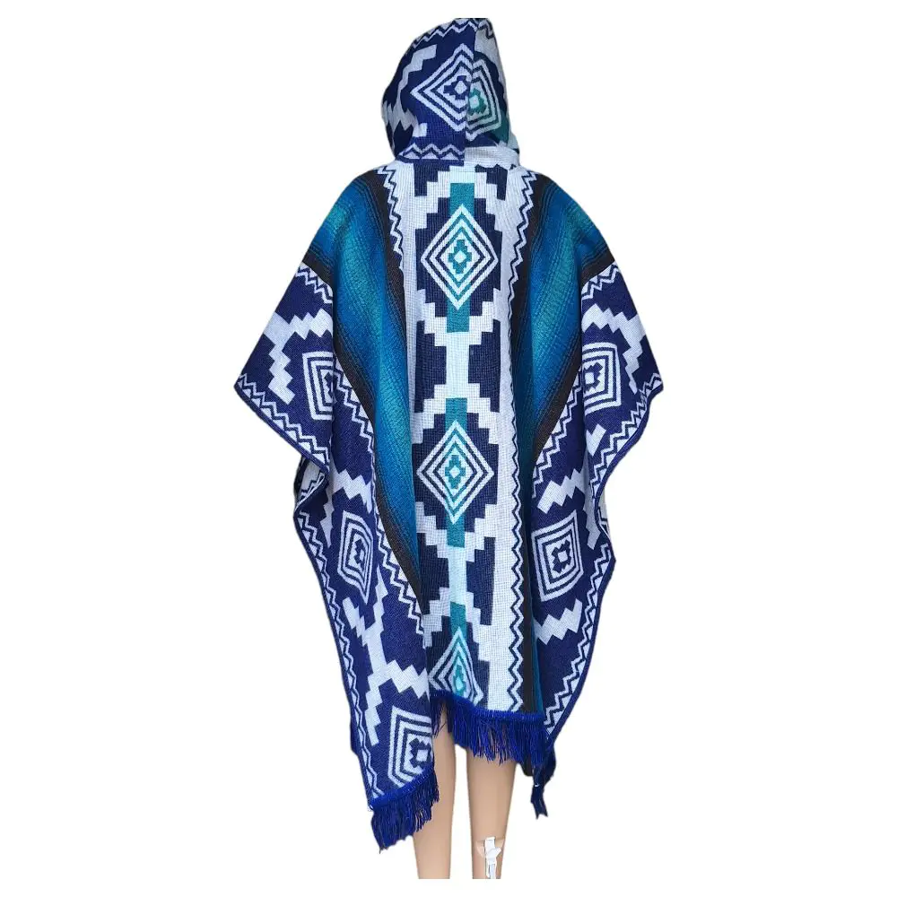 Alpaca Wool Poncho Geometric Blue Style 2