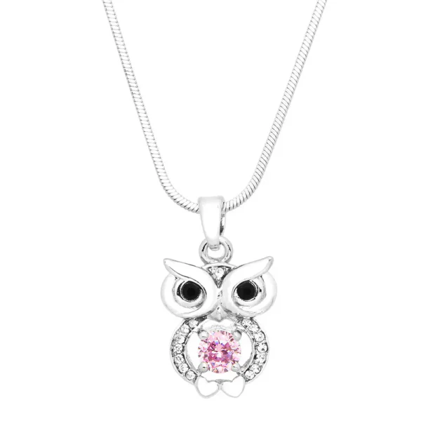 Owl Necklace White Gold S1 Clear And Pink