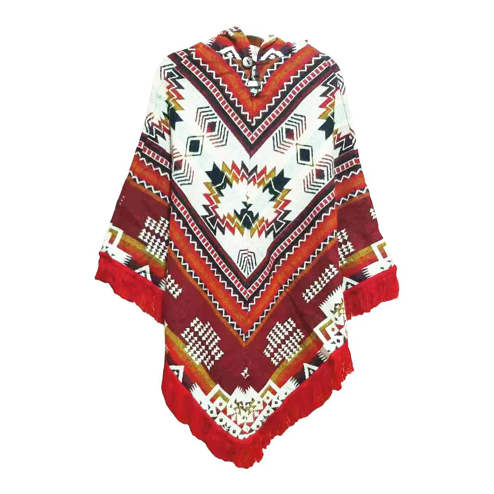 Ecuador Poncho Geometric Diamond Burgundy White Red