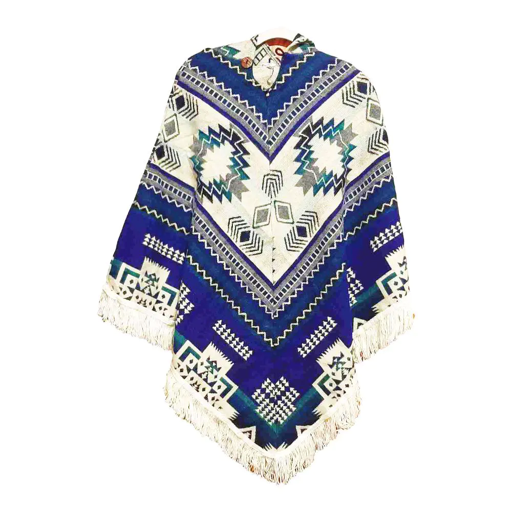 Ecuador Poncho Geometric Diamond Blue Grey White