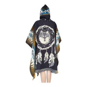 Alpaca Wool Poncho Black With Wolf Style 3