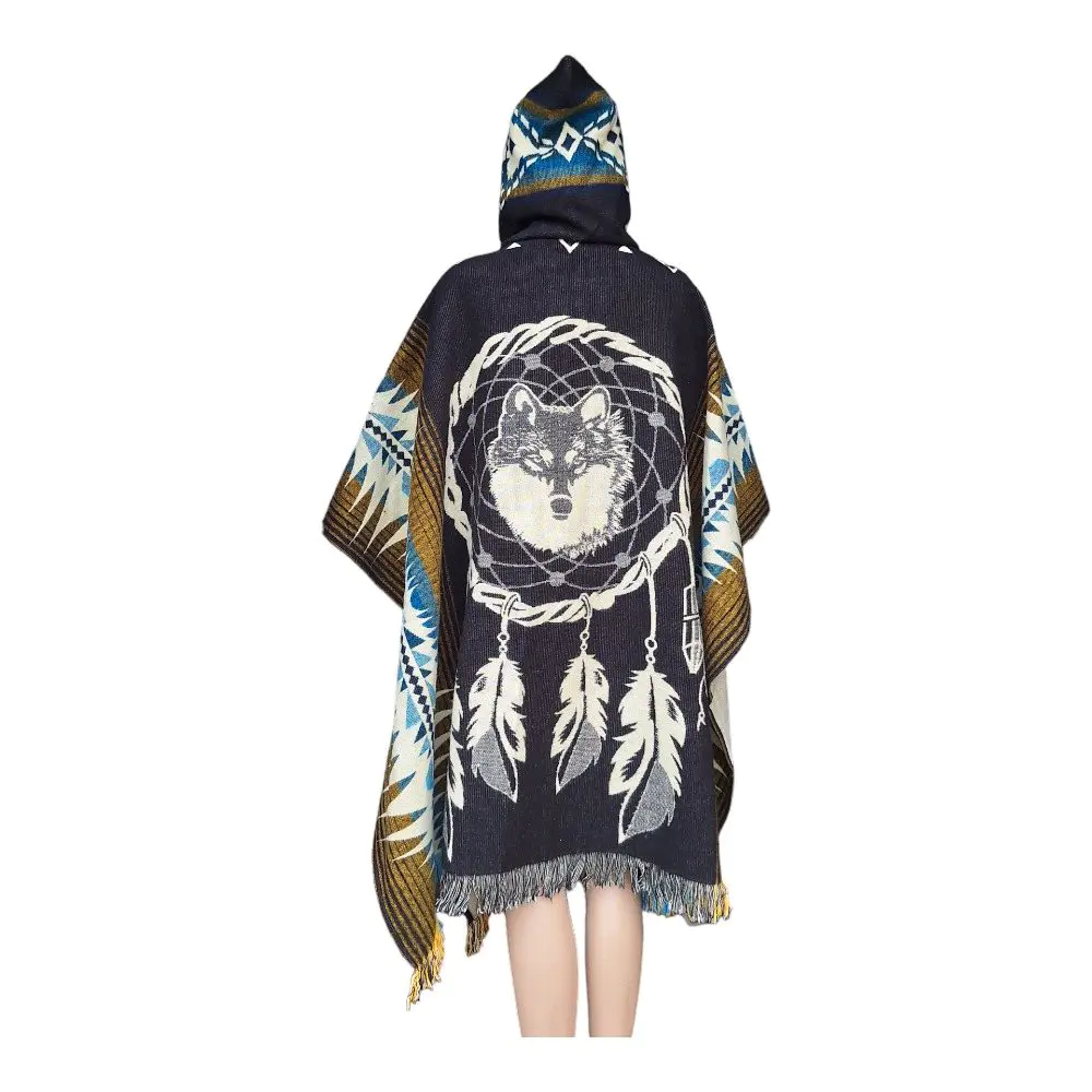 Alpaca Wool Poncho Black With Wolf Style 3