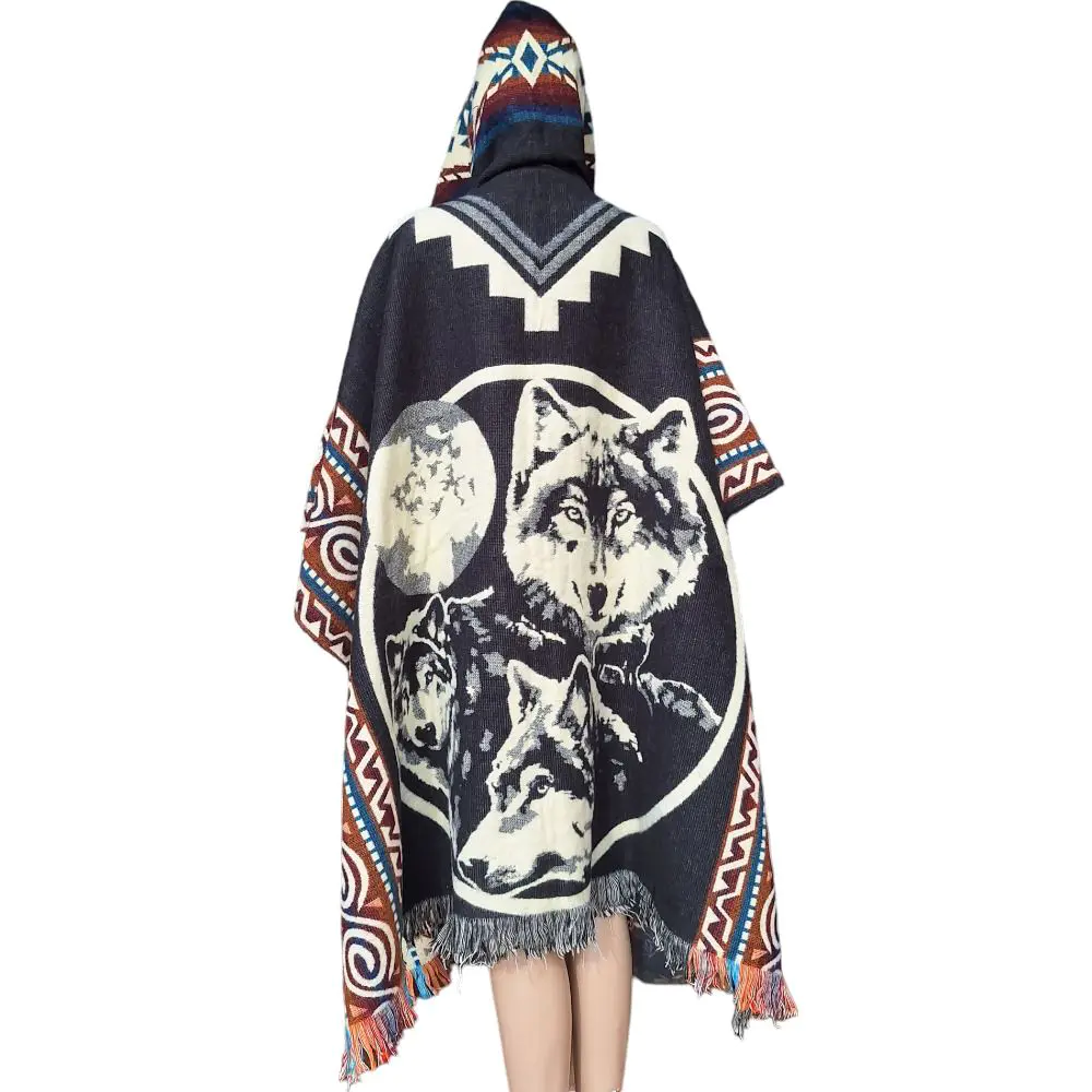 Alpaca Wool Poncho Black With Wolf Style 5