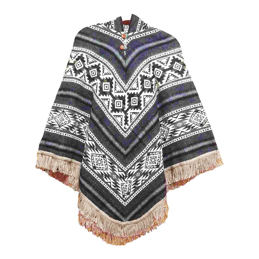 Ecuador Poncho Geometric Diamond Dark Grey White Tan 1