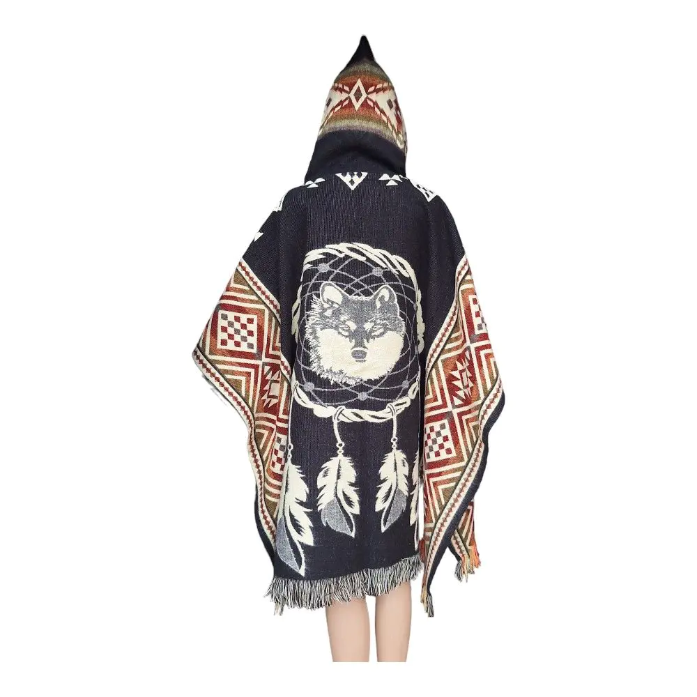 Alpaca Wool Poncho Black With Wolf Style 1