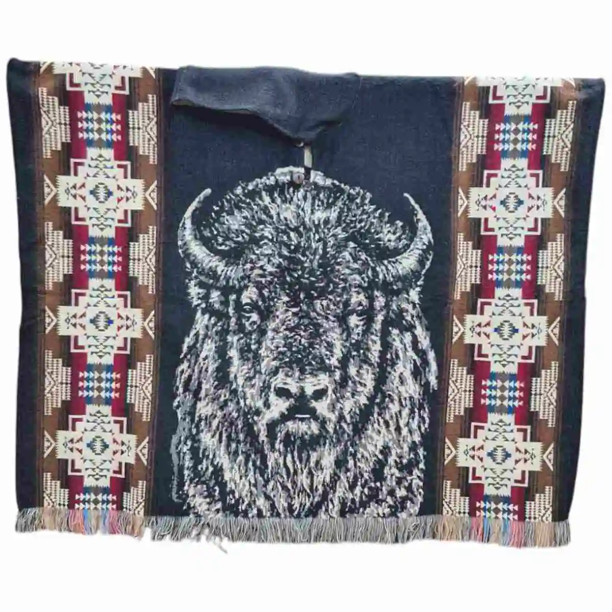 Alpaca Wool Poncho Black With Buffalo Style1