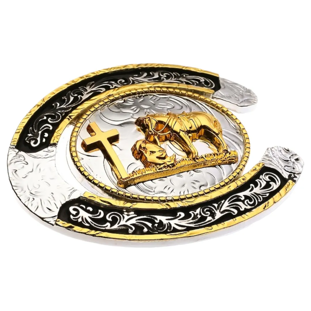 Praying Cowboy Silver and Black Horseshoe Buckle 1