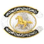 Running Horse Silver and Black Horseshoe Belt Buckle 1