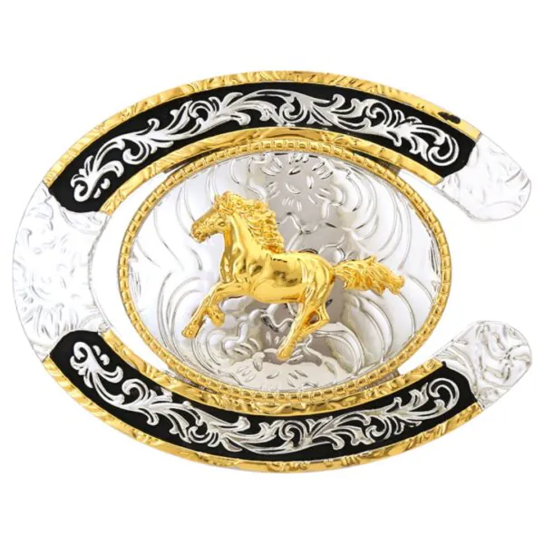 Running Horse Silver and Black Horseshoe Belt Buckle 1