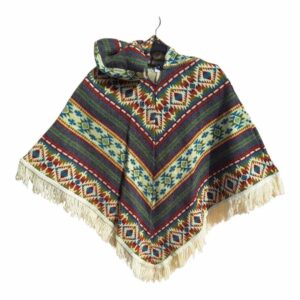 Alpaca Wool Kid's Poncho Dark Grey, Red and Light Blue