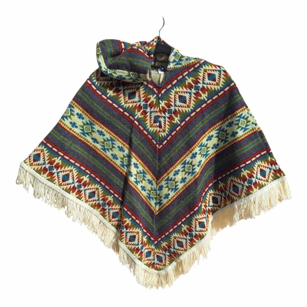 Alpaca Wool Kid's Poncho Dark Grey, Red and Light Blue