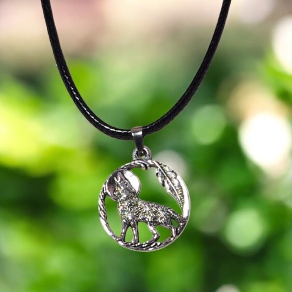 Howling Wolf Silhouette Cutout Necklace on Black Cord