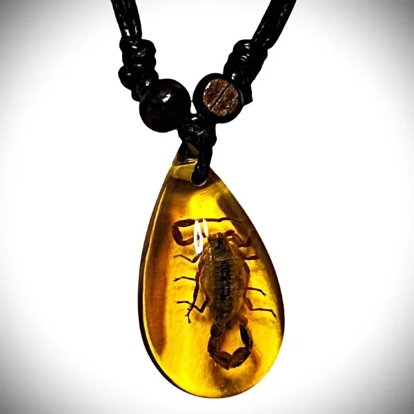 Genuine Scorpion In Faux Amber On Adjustable Black Cord Necklace