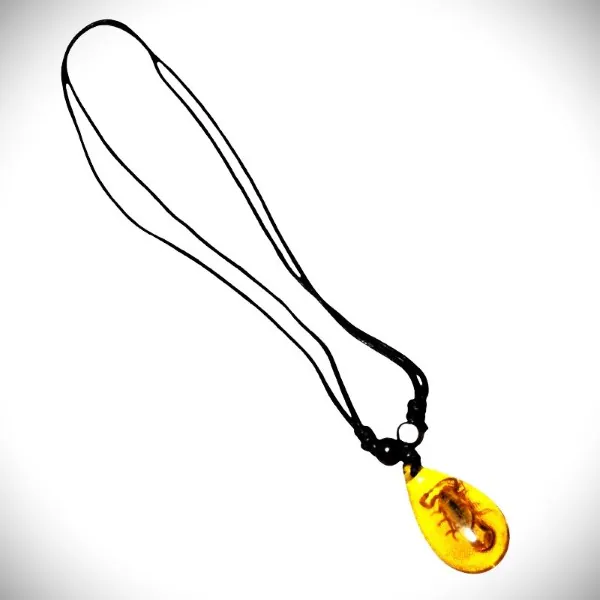 Genuine Scorpion In Faux Amber On Adjustable Black Cord Necklace