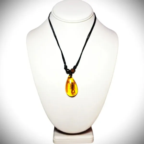 Genuine Scorpion In Faux Amber On Adjustable Black Cord Necklace