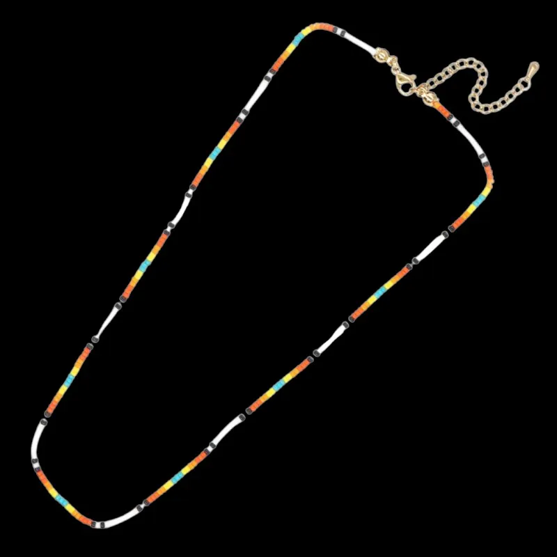 Miyuki Beaded Necklace - Handmade Single Strand White Orange Turquoise