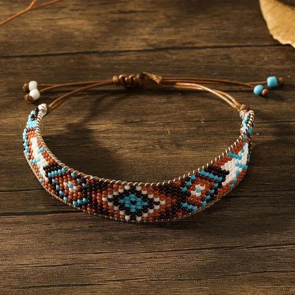 Handmade Miyuki Beaded Bracelets Adjustable Brown Turquoise White