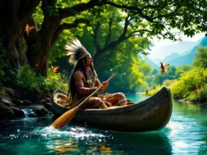 native american magician wise and serene navigates a stone canoe