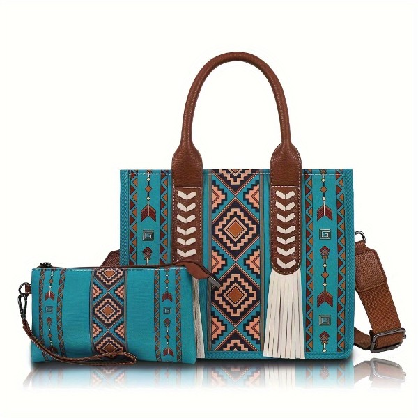 Southwestern Cross Body Tote with Wristlet Turquoise