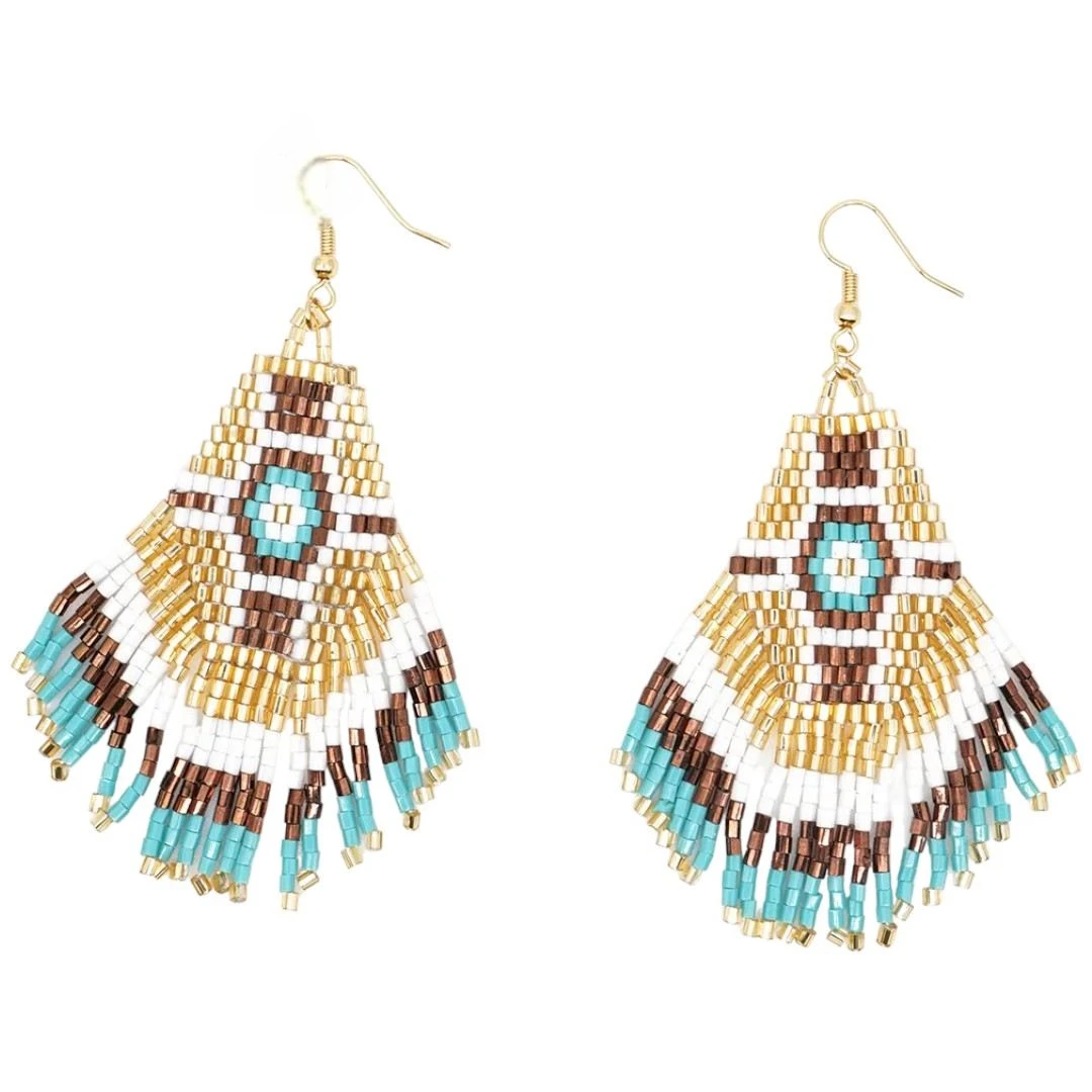 Beaded Earrings Gold Brown White Turquoise Miyuki Beads F18