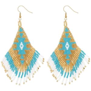 Beaded Earrings Turquoise Gold White 2 Miyuki Beads F2