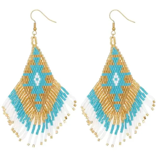 Beaded Earrings Turquoise Gold White 2 Miyuki Beads F2