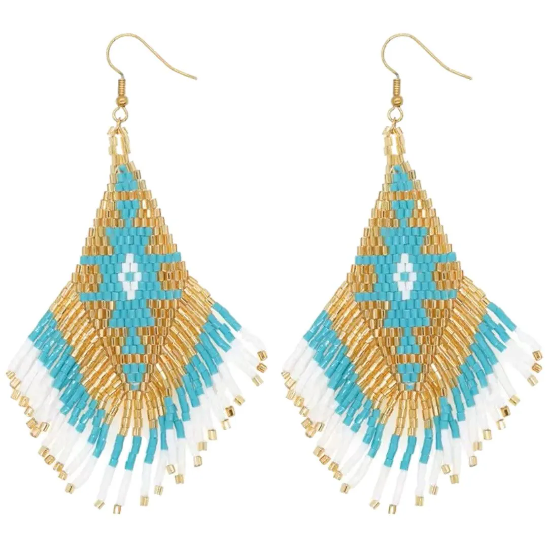 Beaded Earrings Turquoise Gold White 2 Miyuki Beads F2