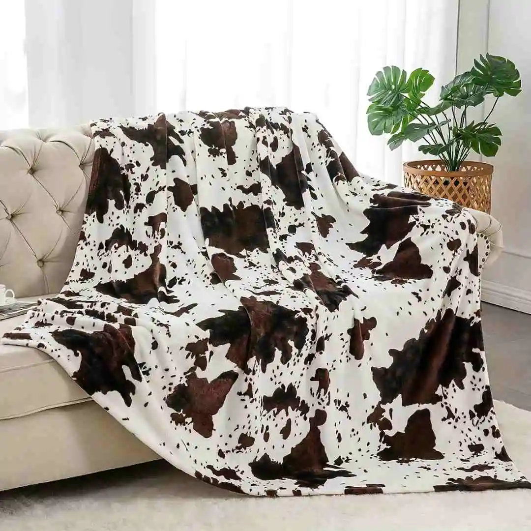 Plush Blanket King Black And Brown Cow Print