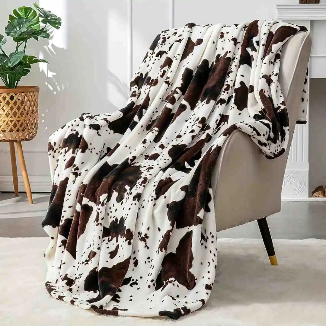 Black And Brown Cow Plush Twin Blanket
