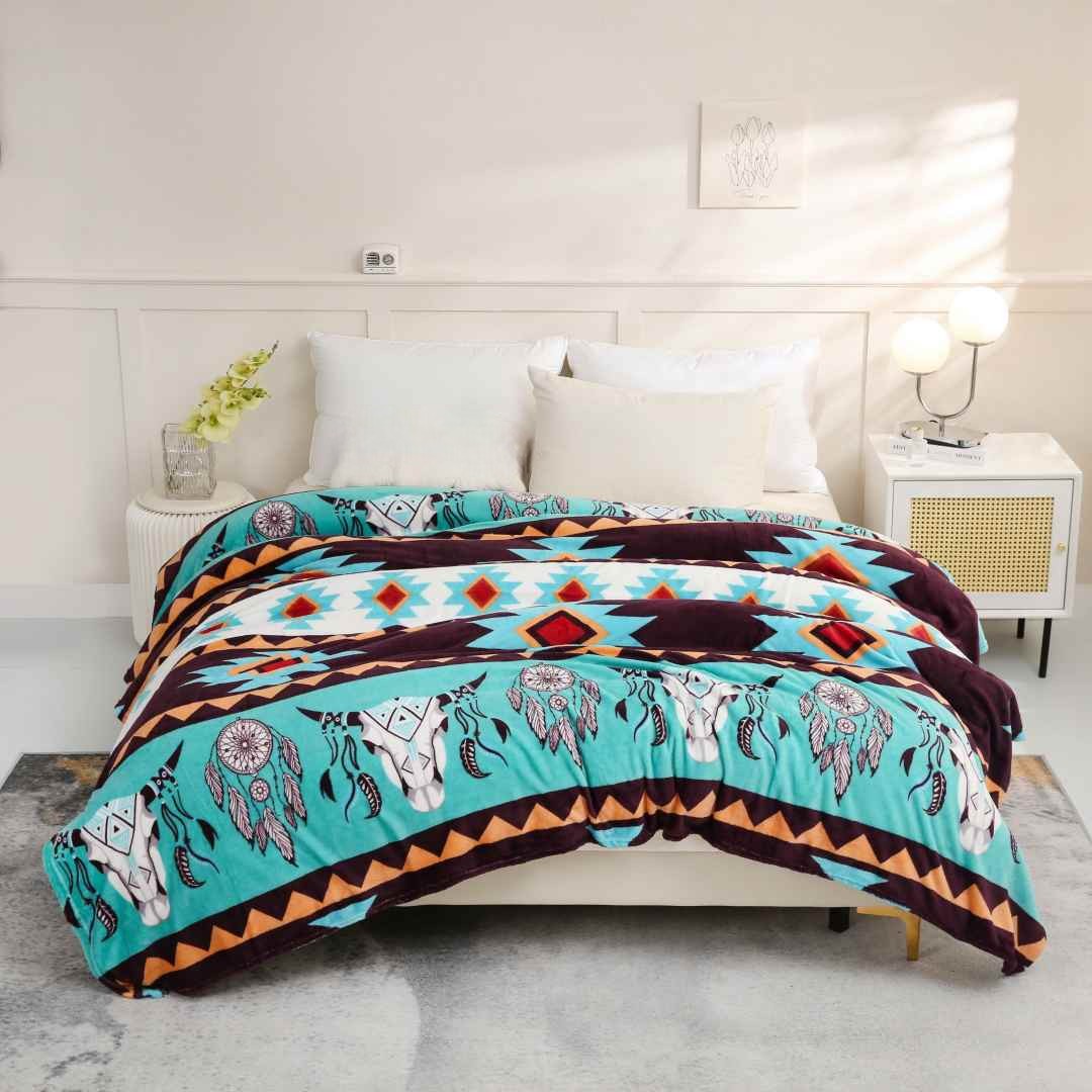 brown and green steer plush blanket krazy bear trading post 2