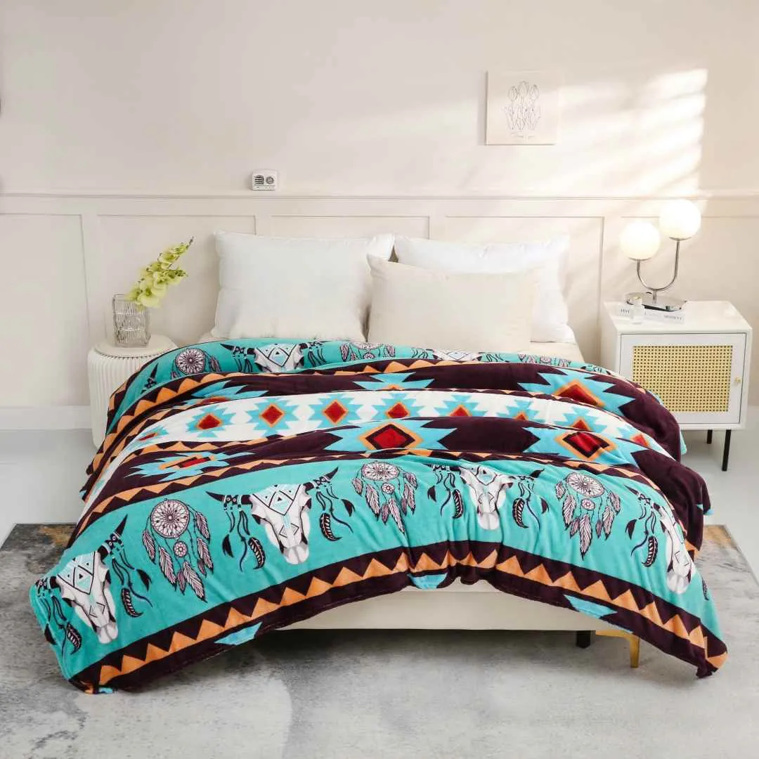 brown and green steer plush blanket krazy bear trading post 2