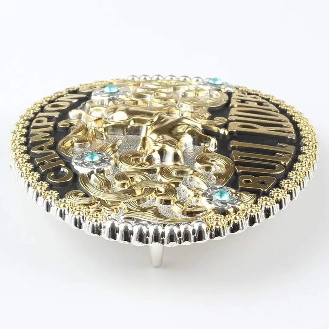 Champion Bull Rider Belt Buckle with Rhinestones-Silver-Black-Gold