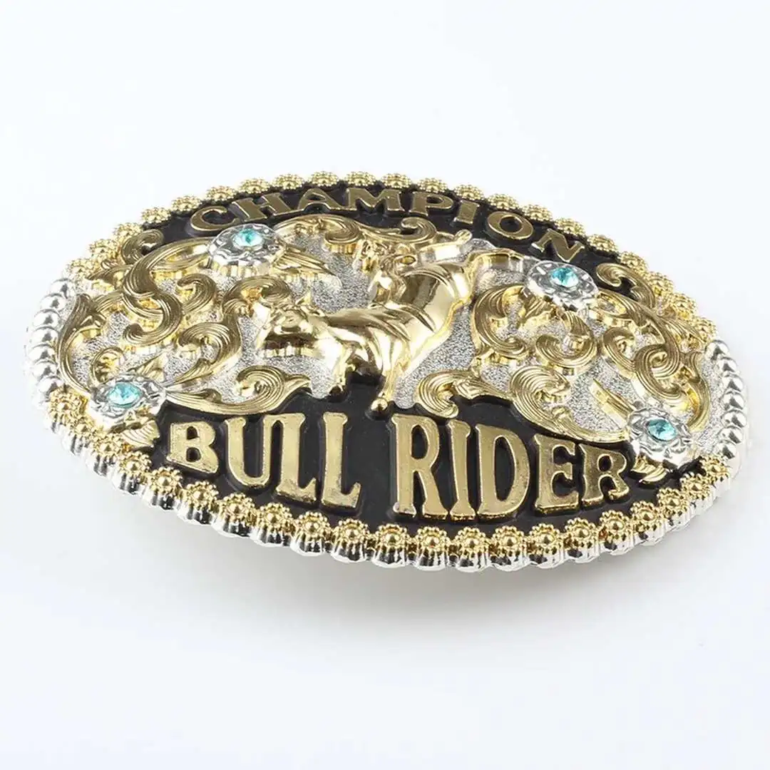 Champion Bull Rider Belt Buckle with Rhinestones-Silver-Black-Gold