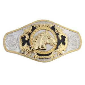 Charro Rodeo Belt Buckle with Horse - Silver- Black-Gold