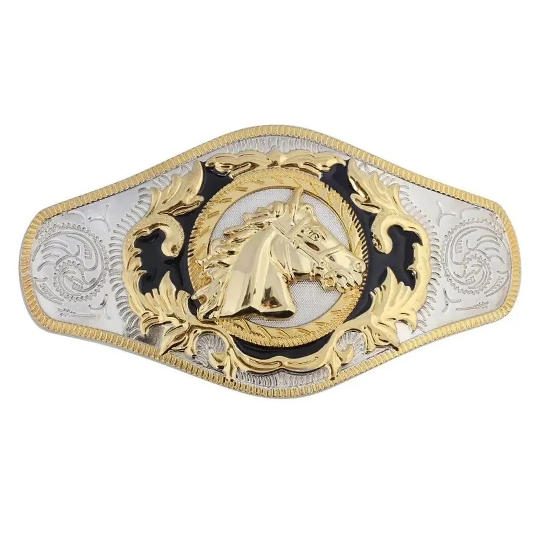 Charro Rodeo Belt Buckle with Horse - Silver- Black-Gold