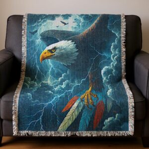 Eagle in the Storm Woven Blanket 100% Cotton Throw - Colorful Feathers and Lightning Design