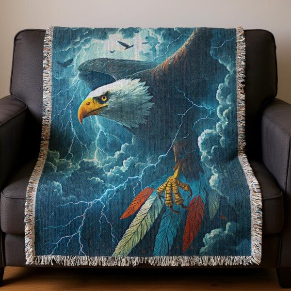 Eagle in the Storm Woven Blanket 100% Cotton Throw - Colorful Feathers and Lightning Design