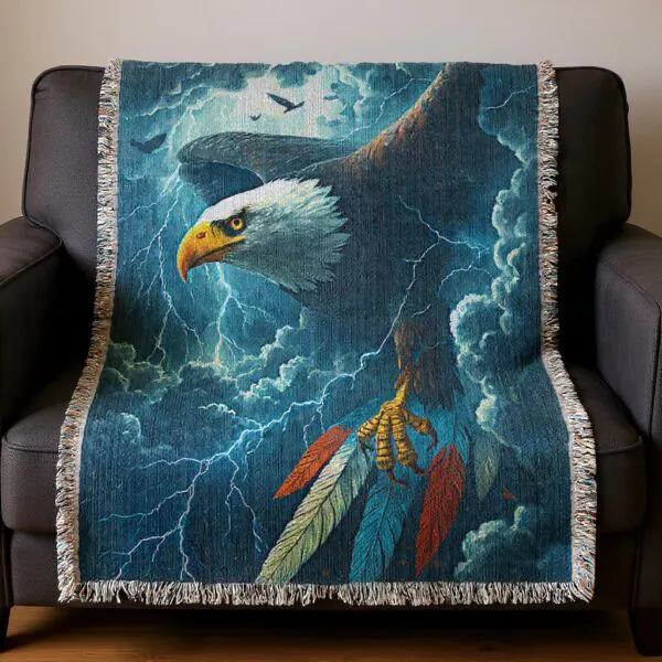 Eagle in the Storm Woven Blanket 100% Cotton Throw - Colorful Feathers and Lightning Design