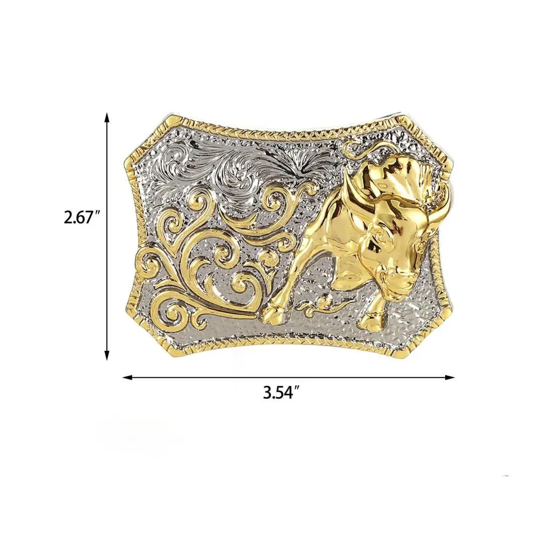 Charging Bull Belt Buckle with Filigree Overlay - Silver-Gold