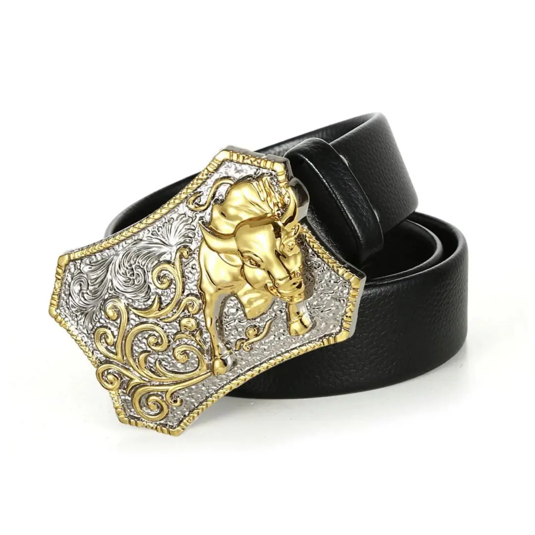 Charging Bull Belt Buckle with Filigree Overlay - Silver-Gold