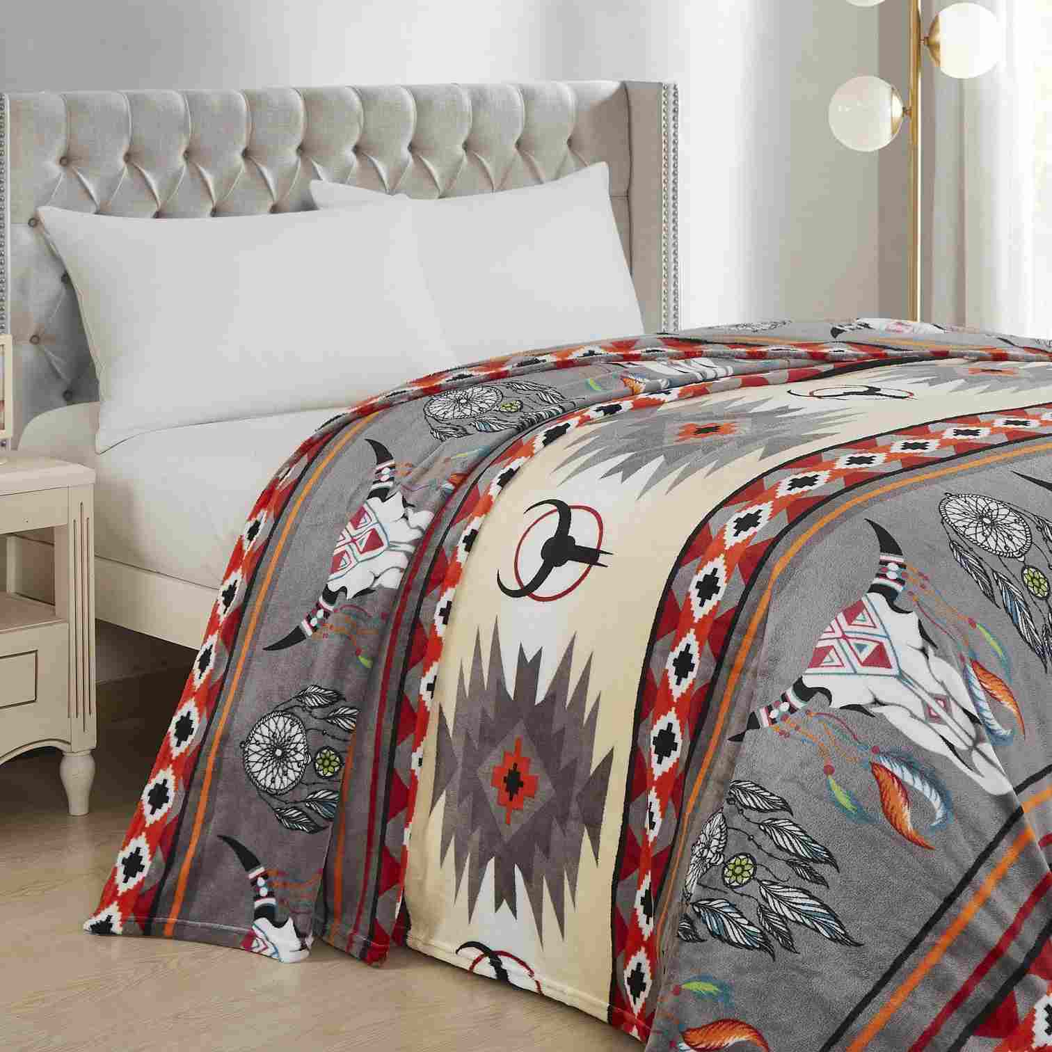 Native Design Fleece King Blanket Grey White Steer