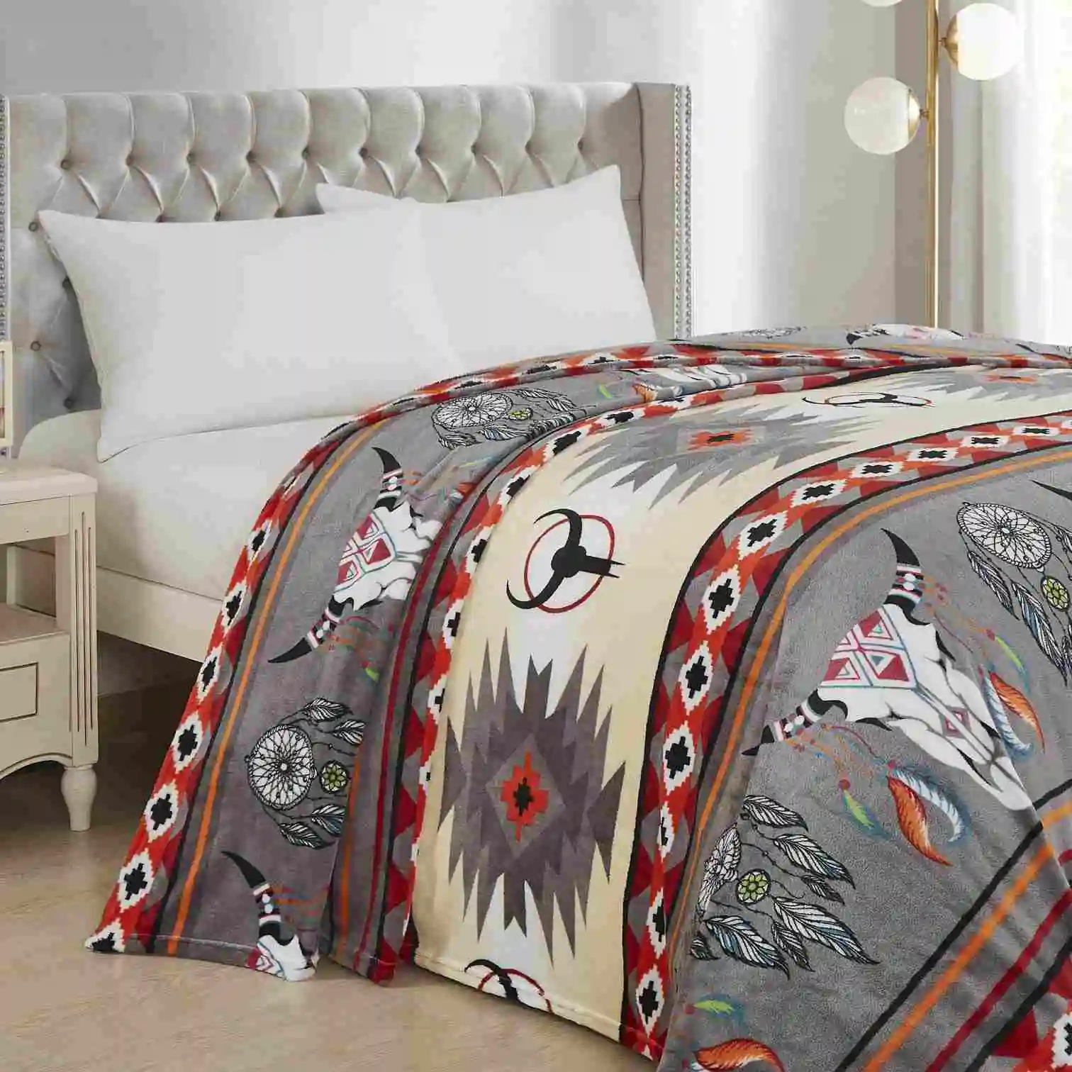 Native Design Fleece King Blanket Grey White Steer