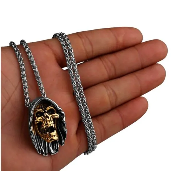 Hooded Skull Stainless Steel Necklace 1 Gold And Silver
