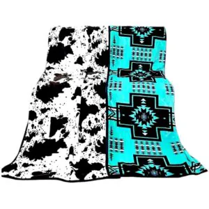 2-Ply Reversible Plush Blanket King Turquoise, Black And Cow Print