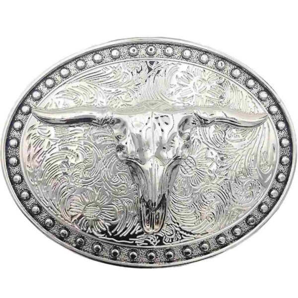 Longhorn Skull Belt Buckle Oval Silver