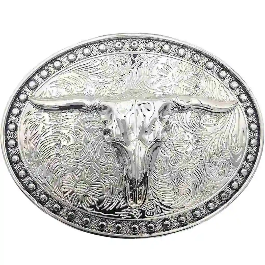 Longhorn Skull Belt Buckle Oval Silver