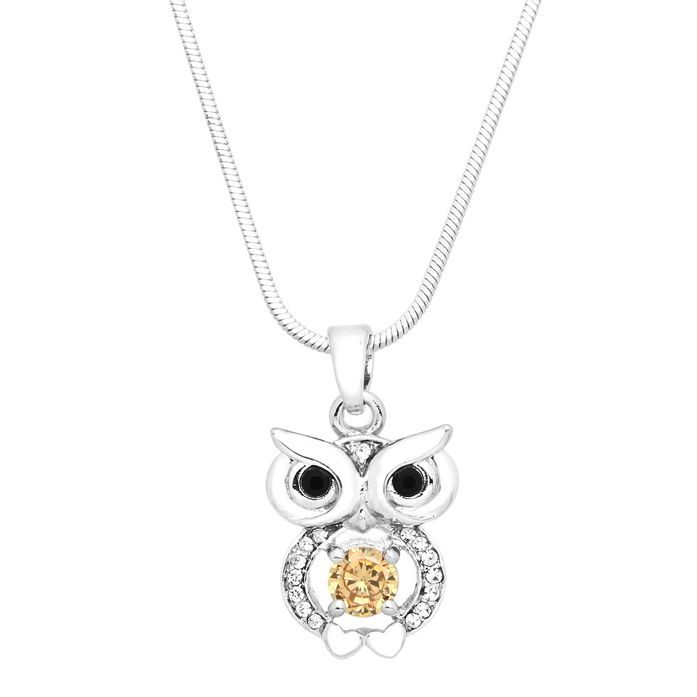 Owl Necklace White Gold S1 Clear And Amber