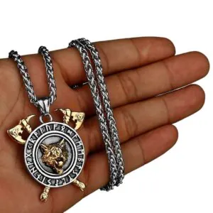 Runic Axe And Shield Stainless Steel Necklace Gold