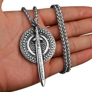 Runic Sword With Sheild Stainless Steel Necklace Silver
